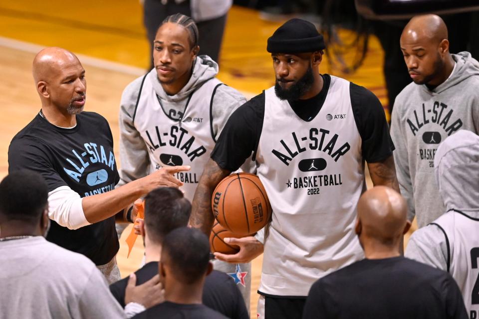 Team LeBron head coach Monty Williams, left, talks to his team during the NBA All-Star practice, Feb. 19, 2022, at Wolstein Center in Cleveland.