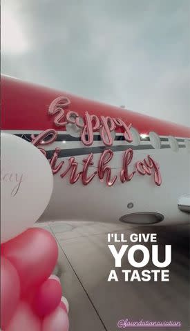 <p>Paris Hilton/Instagram</p> Paris Hilton posts a video of a decorated private jet as she takes a birthday trip with her husband and son