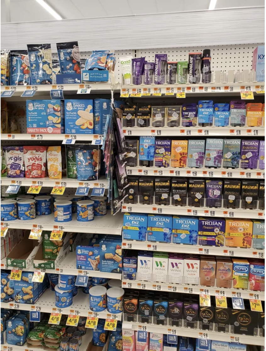 Condoms near baby products