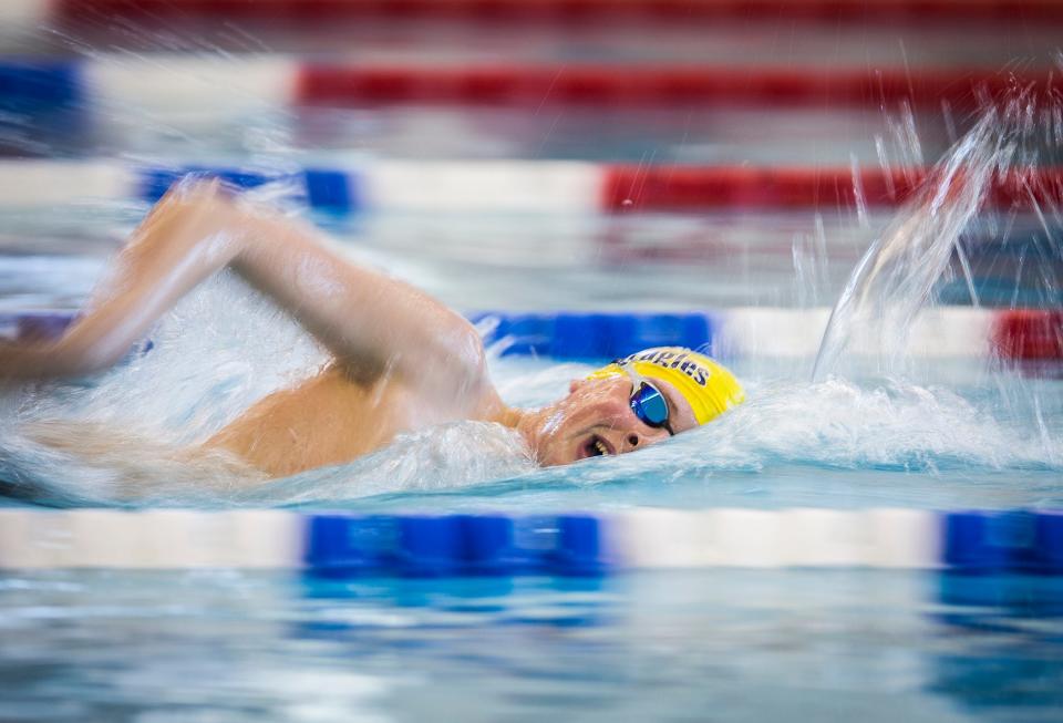 Delta's Zachary Baty finishes first in the 500 freestyle event at Jay County High School Saturday, Feb. 19, 2022.  