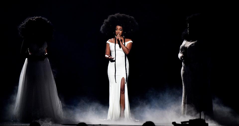 Mickey Guyton performs during the 55th CMA Awards at Bridgestone Arena Wednesday, Nov. 10, 2021 in Nashville, Tenn.