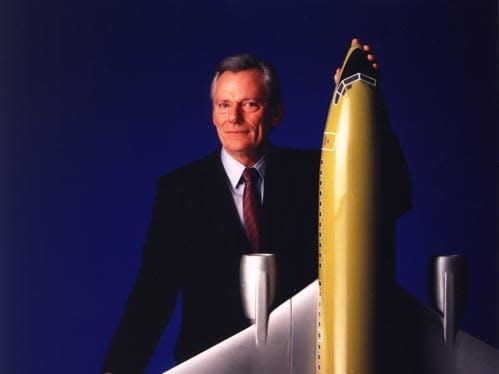 Herb Kelleher with model of Southwest aircraft