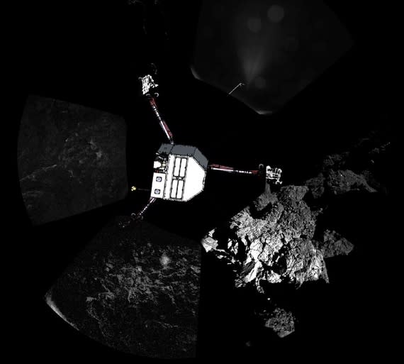 The first panoramic image from the surface of a comet from Philae. Superimposed on top of the image is a sketch of the Philae lander in the configuration the lander team currently believe it is in. (ESA)