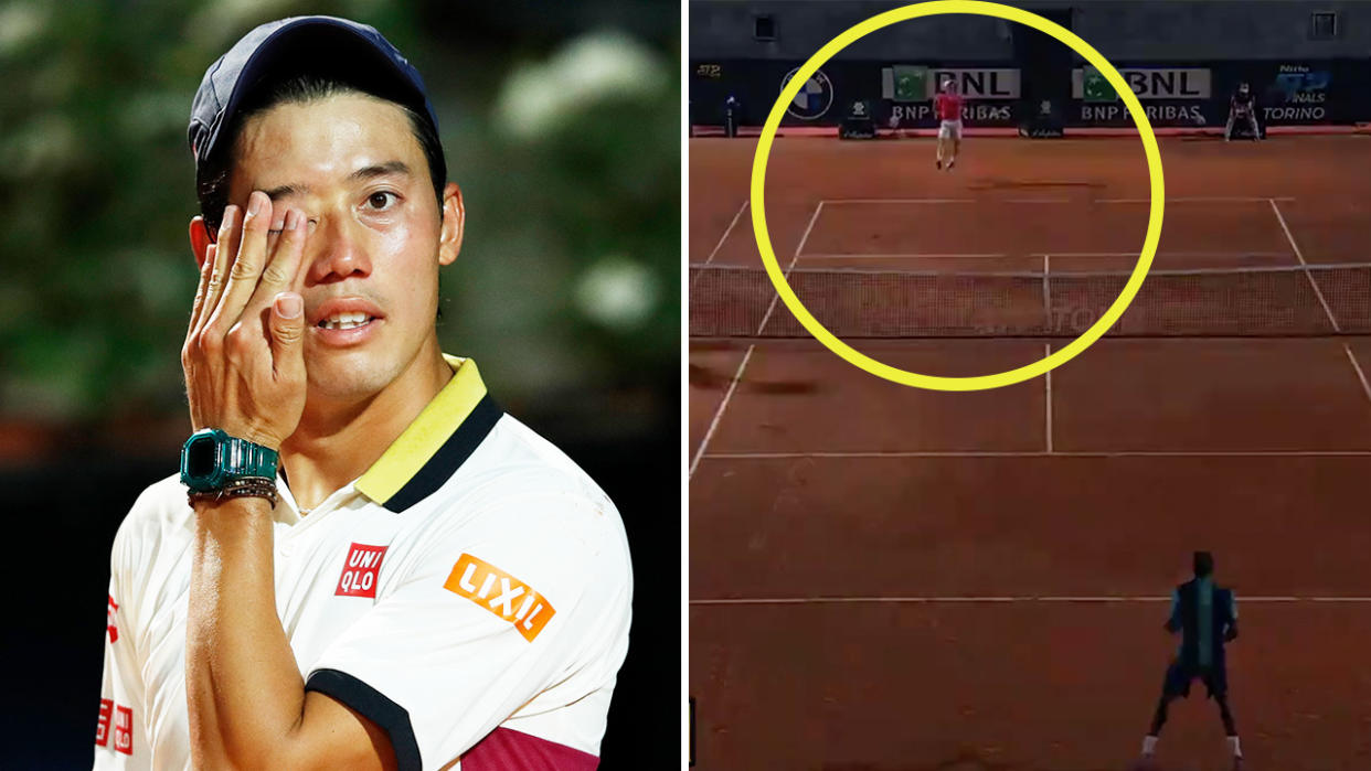 Kei Nishikori (pictured left) frustrated during his match and Gael Monfils in a rally at the Italian Open (pictured right) when the lights went out during play.
