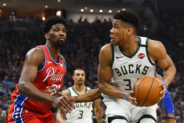 Milwaukee&#39;s Giannis Antetokounmpo and Philadelphia&#39;s Joel Embiid are finalists for the NBA MVP award. Denver&#39;s Nikola Jokic, not pictured, is the third finalist. (Stacy Revere/Getty Images)