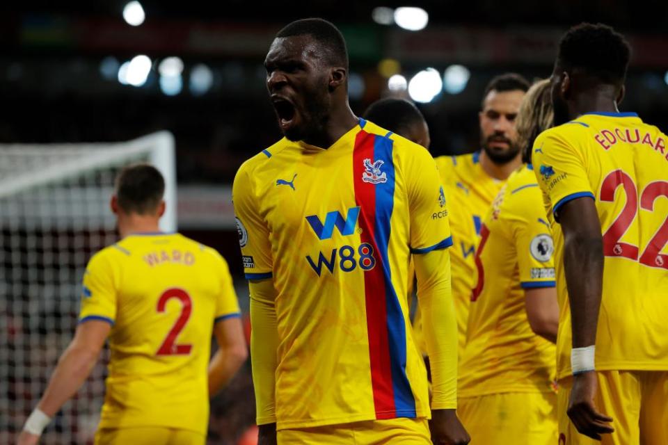 Christian Benteke celebrates scoring for Crystal Palace in their draw.