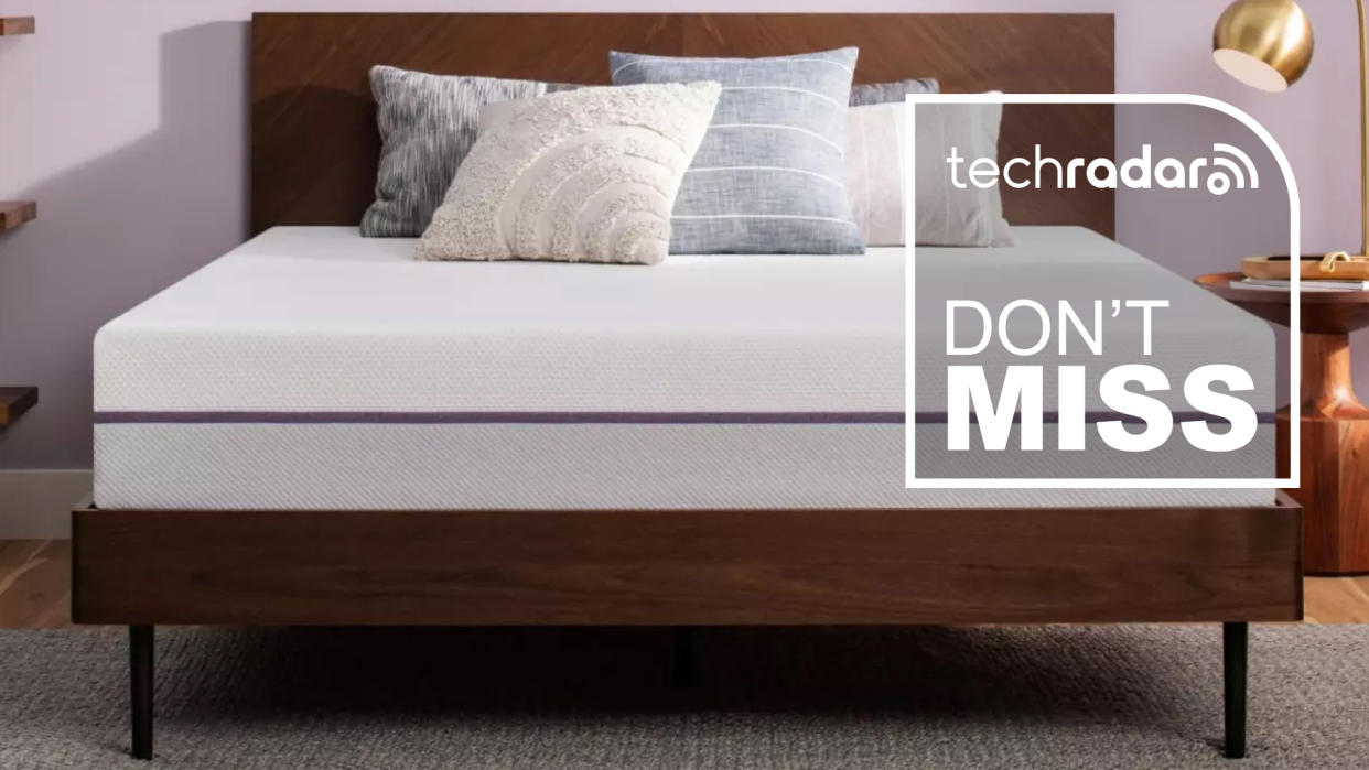  The Purple mattress on a bed with a graphic overlaid saying "DON'T MISS". 