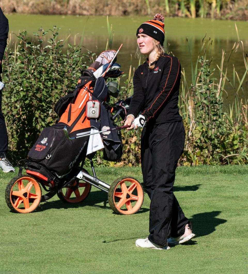 Brighton’s Charlotte Morley tied for 11th with an 89 during a Division 1 golf regional Tuesday, Oct. 8, 2024, at Polo Fields Golf and Country Club in Ann Arbor.