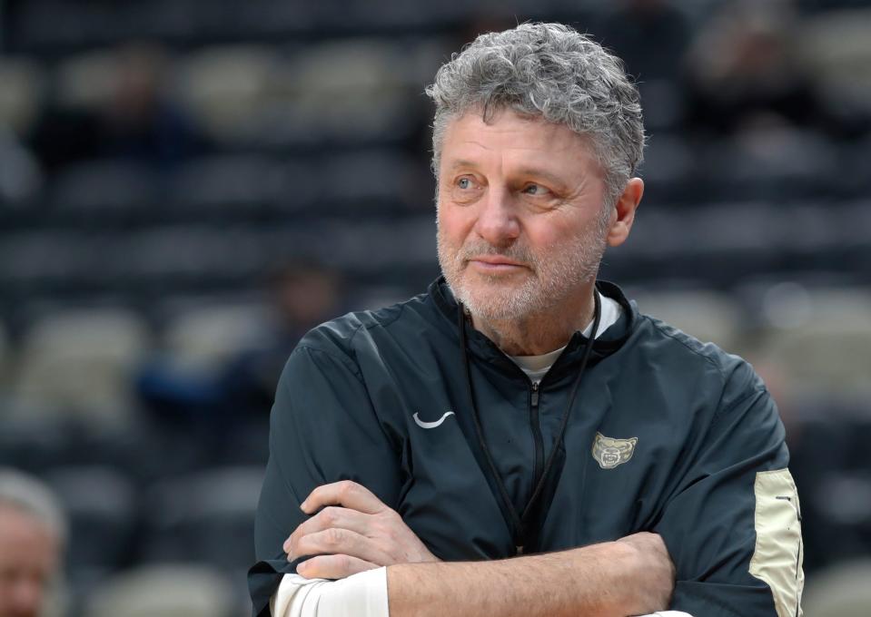 Oakland coach Greg Kampe looks on during practice on Wednesday, March 20, 2024, in Pittsburgh, before their NCAA tournament first round game.