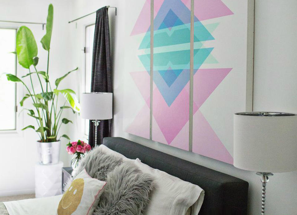 <body> <p>With a little planning and a geometric pattern, you can craft a custom headboard that adds color and style to your space. This blogger started by painting three <a rel="nofollow noopener" href=" http://www.bobvila.com/articles/diy-wood-wall-treatment-ideas/?bv=yahoo" target="_blank" data-ylk="slk:wood panels;elm:context_link;itc:0;sec:content-canvas" class="link ">wood panels</a> white, and then used a projector to trace her pattern onto the panels. Next, she labeled each section of the pattern with a number that coordinated with a paint color, making it so much easier to complete this stunning work of art. </p> <p><strong>Related: <a rel="nofollow noopener" href=" http://www.bobvila.com/slideshow/13-no-fail-small-space-solutions-48993?bv=yahoo" target="_blank" data-ylk="slk:13 No-Fail Small Space Solutions;elm:context_link;itc:0;sec:content-canvas" class="link ">13 No-Fail Small Space Solutions</a> </strong> </p> </body>