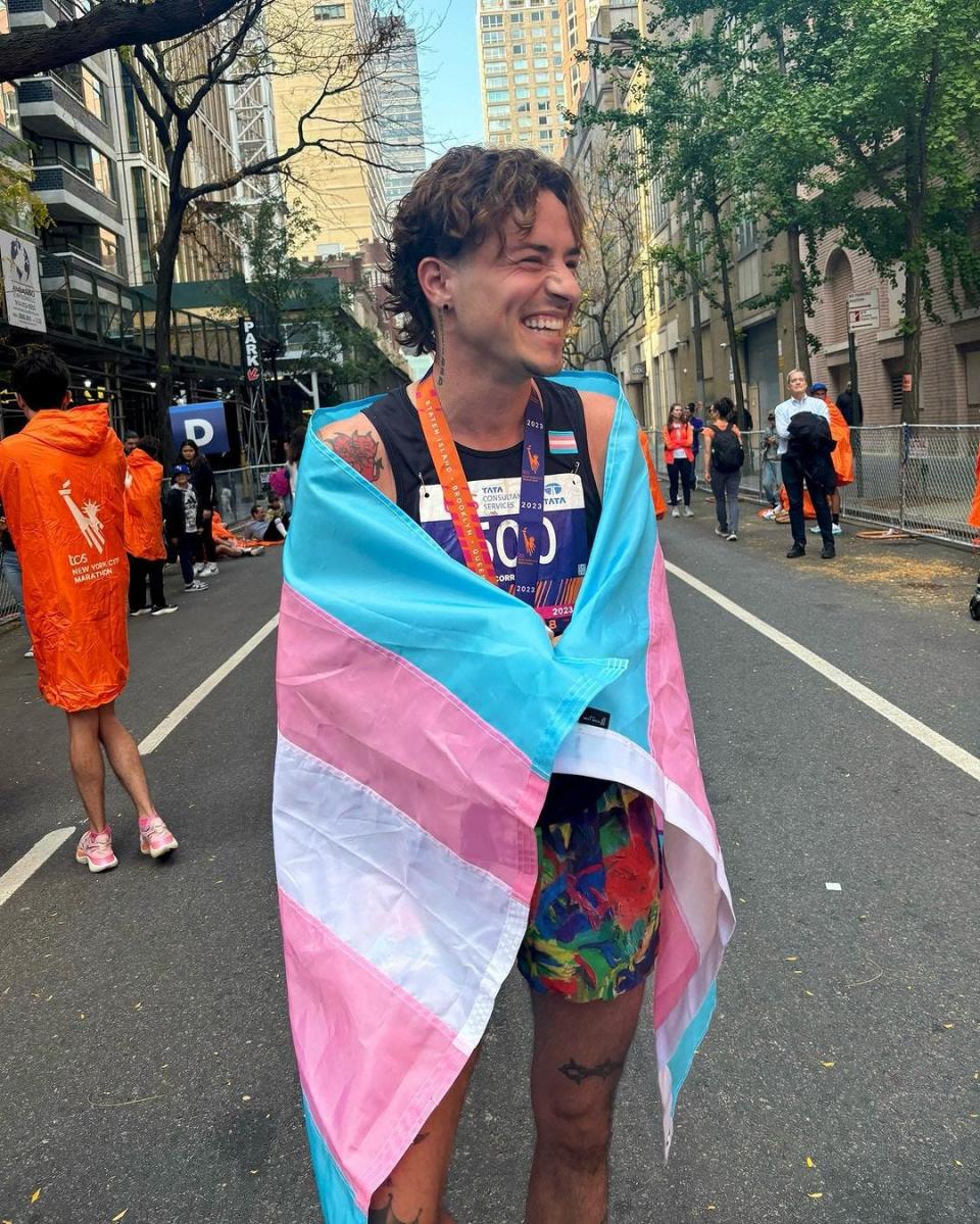 Cal Calamia, a transgender, non-binary runner, won first place in the New York City Marathon's non-binary division.