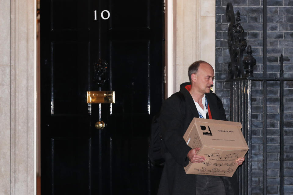 Prime Minister Boris Johnson's top aide Dominic Cummings leaves 10 Downing Street, London, with a box, following reports that he is set to leave his position by the end of the year.