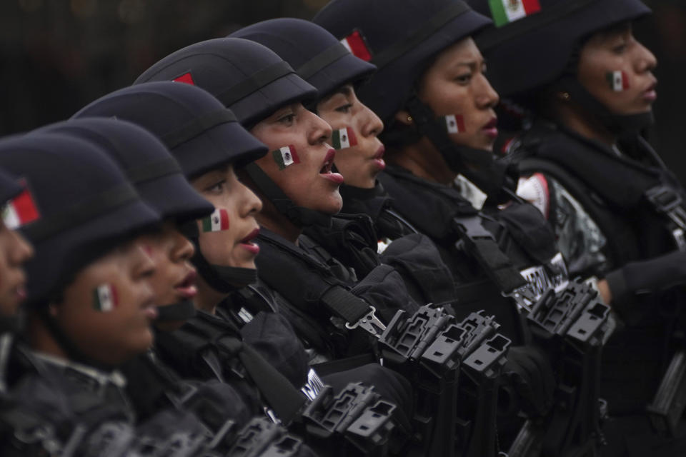 National Guards marche during the annual Independence Day military parade in the capital's main square, the Zócalo, in Mexico City, on Friday, September 16, 2022. ( AP Photo/Marco Ugarte)