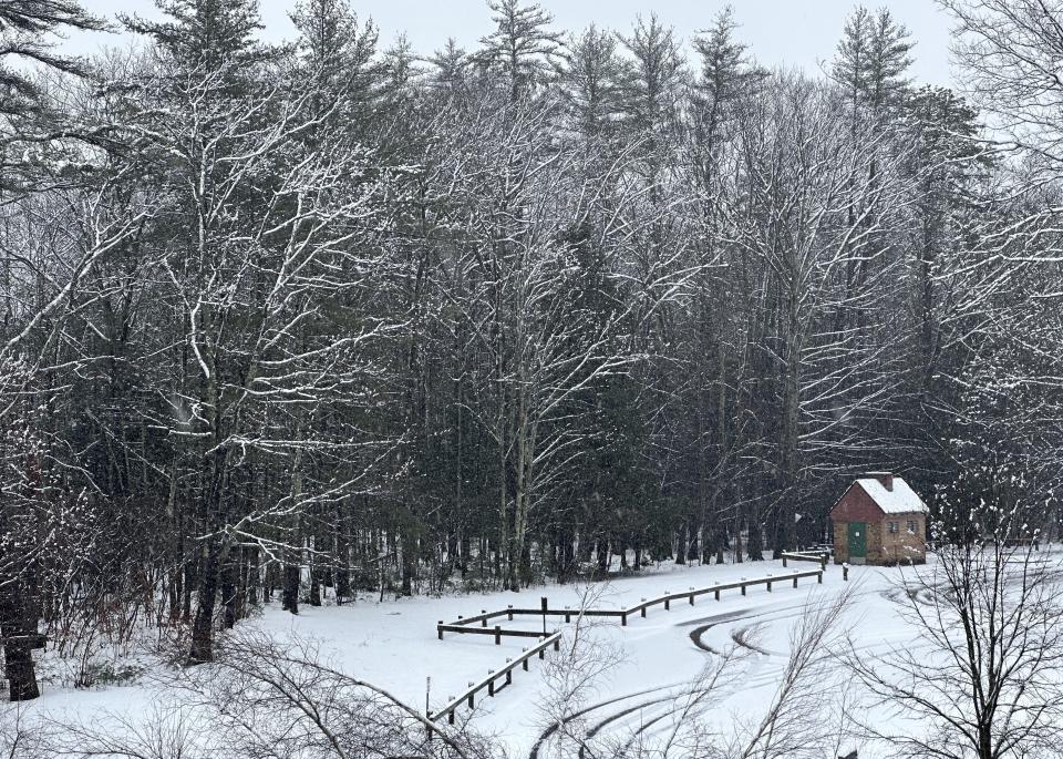 Snow falls in Concord, N.H., on Thursday, April 4, 2024. (AP Photo/Kathy McCormack)