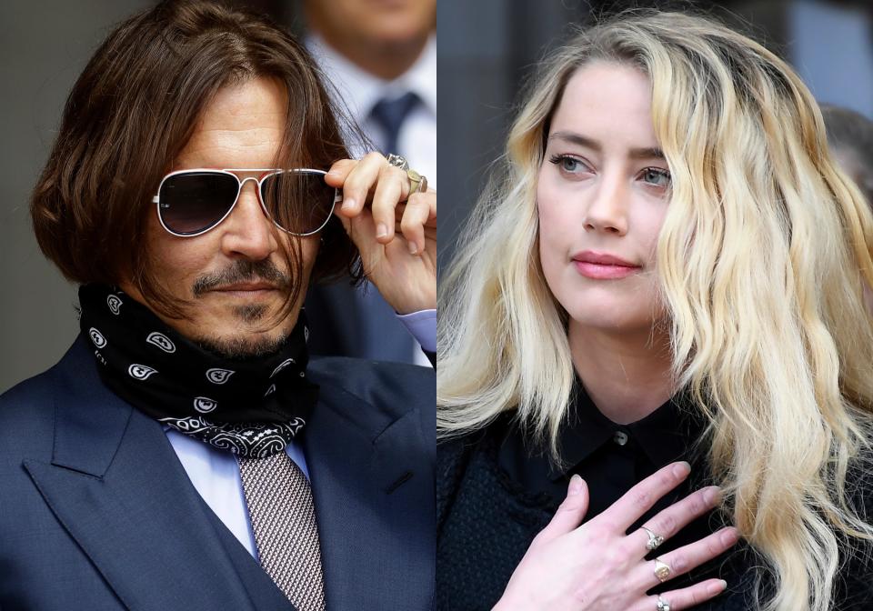 Johnny Depp appears at the High Court in London, on July 17, 2020, left, and Amber Heard appears outside the High Court on July 28, 2020.