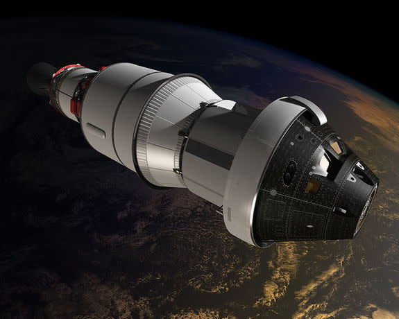 This artist’s concept shows the Orion crew module during its planned orbital test flight in 2014. Orion is the world’s first interplanetary spacecraft, capable of transporting up to four astronauts beyond low-Earth orbit on long-duration, deep-
