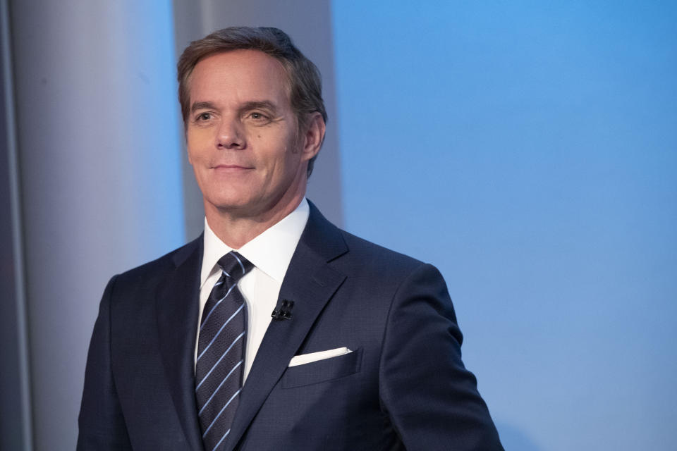 FOX News Channel's Bill Hemmer, anchor of news program Bill Hemmer Reports, rehearses on the set of his new show, Friday, Jan. 17, 2020, in New York. Hemmer takes over the 3 p.m. ET news hour that Shepard Smith vacated when he abruptly quit the network late last year. (AP Photo/Mary Altaffer)