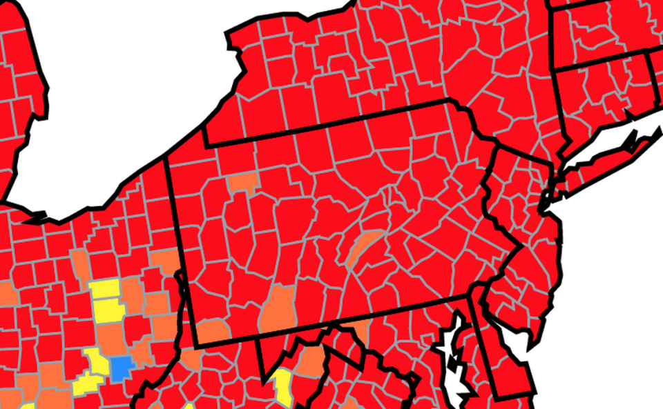 This map of Pennsylvania from the U.S. Centers for Disease Control and Prevention shows COVID-19 community transmission levels by county as of May 20, 2022. Red indicates high levels of transmission, while orange indicates substantial.