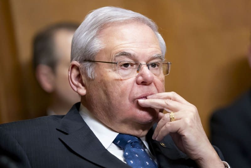 Sen. Bob Menendez, D-N.J., looks on as Treasury Secretary Janet Yellen speaks during a Senate Finance committee hearing at the U.S. Capitol in March.Photo by Bonnie Cash/UPI