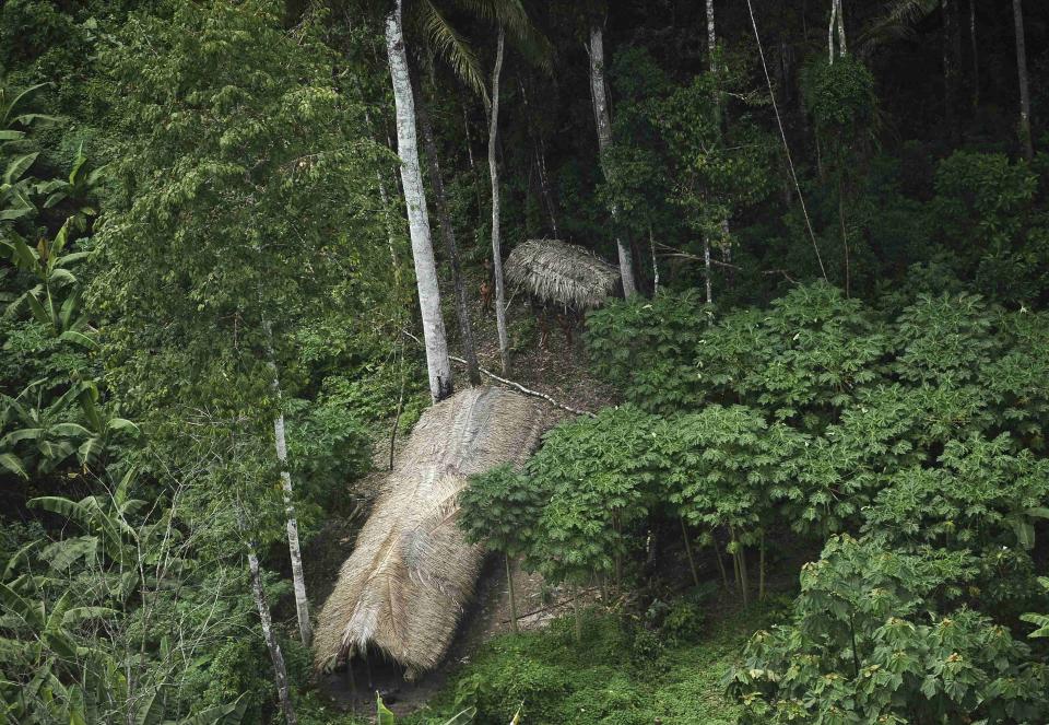 Uncontacted Indians react to a plane flying over their community in the Amazon basin