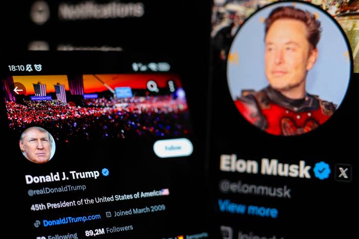 Twitter profiles of Donald J. Trump and Elon Musk. Trump's bio reads "45th President of the United States of America," while Musk's bio is not visible