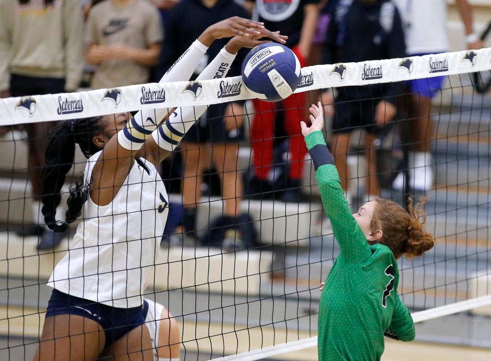 McGuinness' Clare Kierl during the high school volleyball game between Bishop McGuinness and Southmoore at Southmoore in Moore, Okla., Monday, Sept. 11, 2023.