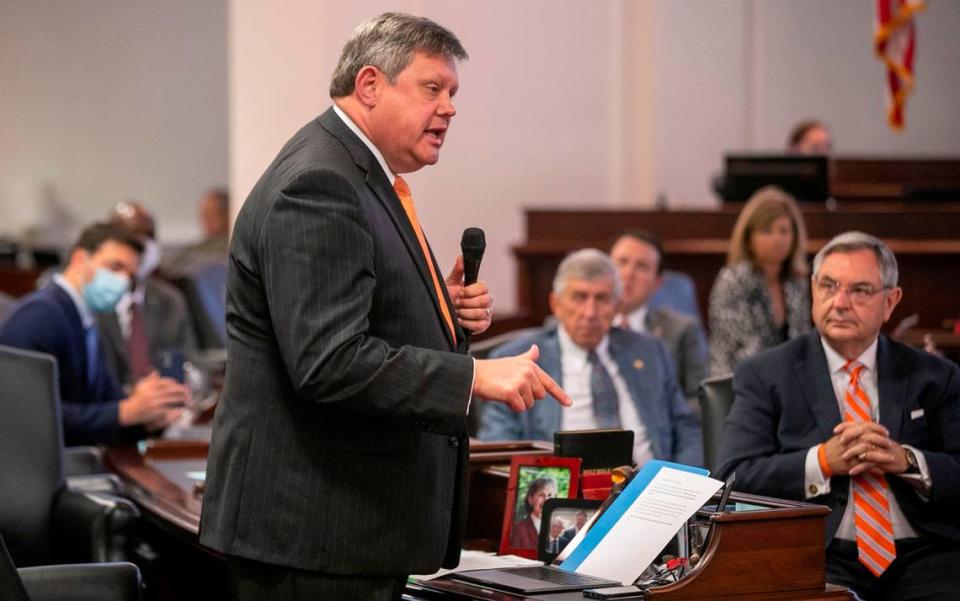 Senator Mike Woodard speaks on the Senate floor on Thursday, August 26, 2021 in Raleigh, N.C. In 2023, he faced his first primary challenger since being elected to represent Durham over a decade ago.
