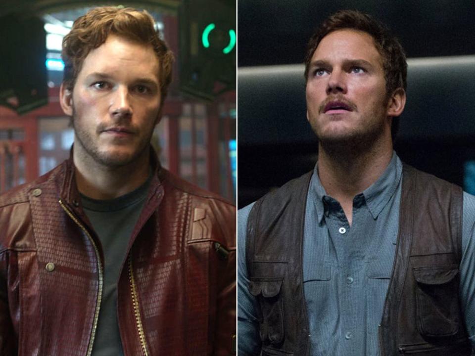 Chris Pratt in <em>Guardians of the Galaxy </em>(L) and <em>Jurassic World.</em>