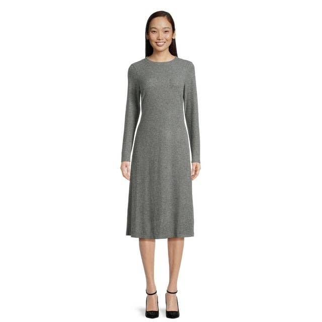 grey long sleeve swing dress on model