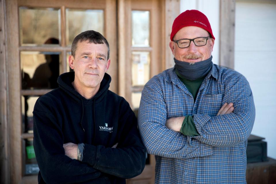 Justin Dean, left, and Richard Stewart, right, creators of MadHouse vinegar, a small-batch vinegar company, based at the Carriage House Farm in North Bend. Fehribach credits Dean with helping him research Cincinnati for his new book, Midwestern Food.