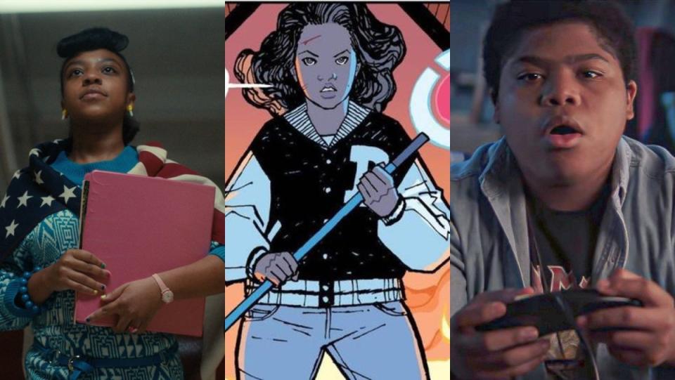 collage of erica from stranger things, tiffany from paper girls comic, and josh from fear street