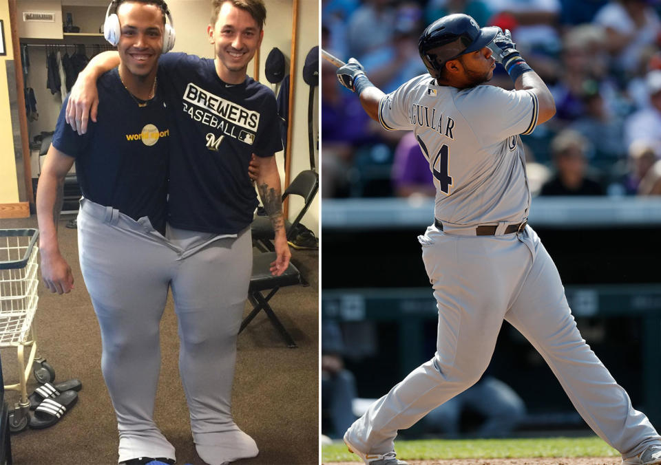 Orlando Arcia and Zach Davies in the pants of teammate Jesus Aguilar (right). (@ericthames, AP)