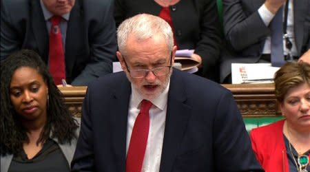 The leader of the Labour Party Jeremy Corbyn responds to Britain's Prime Minister Teresa May's address to the House of Commons on her government's reaction to the poisoning of former Russian intelligence officer Sergei Skripal and his daughter Yulia in Salisbury, in London, March 14, 2018. Parliament TV handout via REUTERS