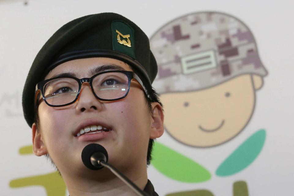 South Korean army Sergeant Byun Hui-su speaks during a press conference at the Center for Military Human Right Korea in Seoul: AP