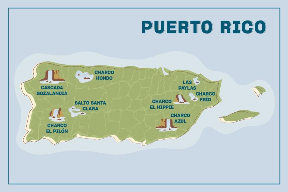 Illustrated map of Puerto Rico showing 8 swimming holes