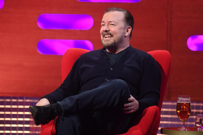 EDITORIAL USE ONLY Ricky Gervais during the filming for the Graham Norton Show at BBC Studioworks 6 Television Centre, Wood Lane, London, to be aired on BBC One on Friday evening.