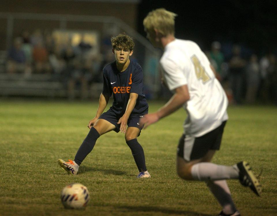 Rochester's Landon Kutscher eyes the ball during a Central State Eight Conference boys soccer match against Sacred Heart-Griffin on Tuesday, Sept. 19, 2023.