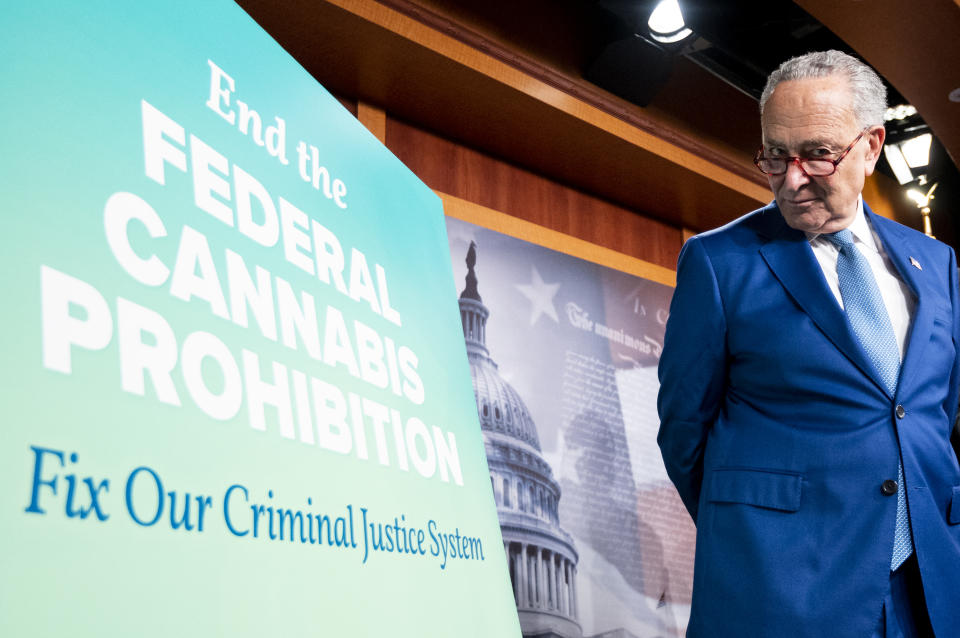 Senate Majority Leader Chuck Schumer stands beside a poster saying: End the Federal Cannabis Prohibition, Fix Our Criminal Justice System.