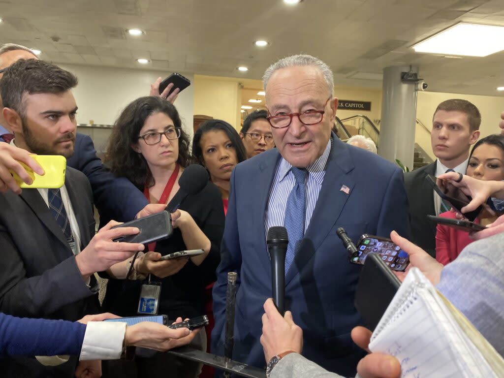 Senate Majority Leader Chuck Schumer, a New York Democrat, speaks with reporters in the basement of the U.S. Capitol on Wednesday, Feb. 7, 2024. (Jennifer Shutt/States Newsroom)