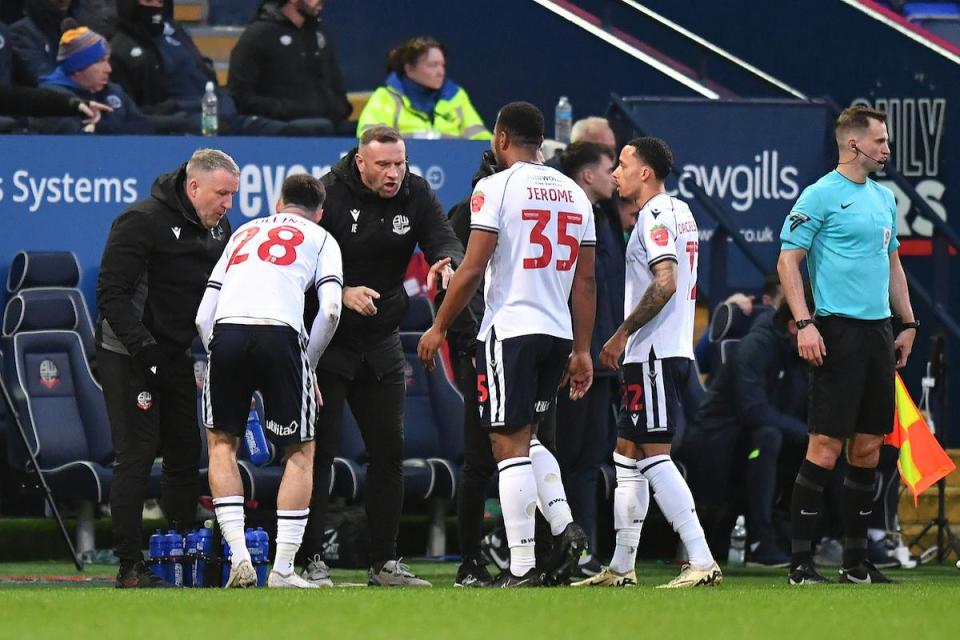 Ian Evatt issues instructions from the side-lines during one of many breaks in play during the Shrewsbury game <i>(Image: Camerasport)</i>