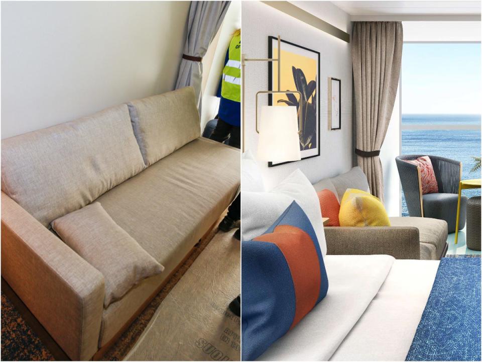 A collage of the rendering of the sofa bed inside the family infinite ocean view balcony stateroom with what it looks like in real life.