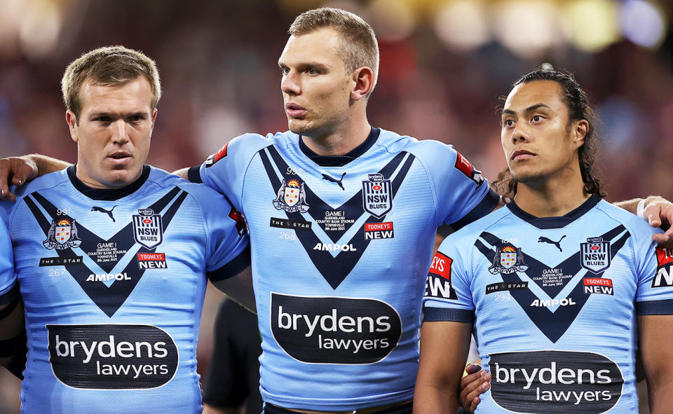 Jake Trbojevic, Tom Trbojevic and Jarome Luai look, pictured here before a State of Origin game in 2021.