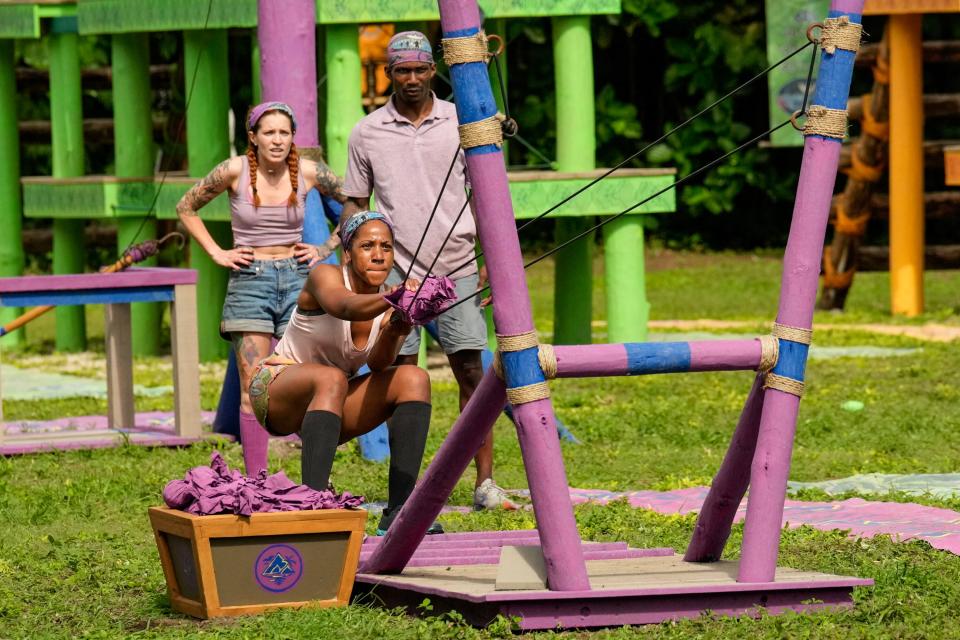 The Yanu tribe works on a challenge in the "Tiki Man" episode, which airs at 7 p.m. Wednesday on CBS. Pictured is Q Burdette of Senatobia, Miss., with tribemates Tiffany Ervin, center, and Kenzie Petty.