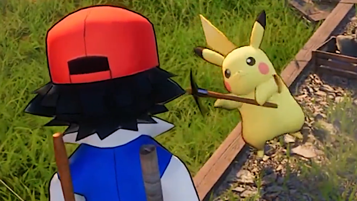  An image of Pikachu looking despondently at Ash Ketchum as he is made to hold a pickaxe and mine for profit in a Palworld mod. 
