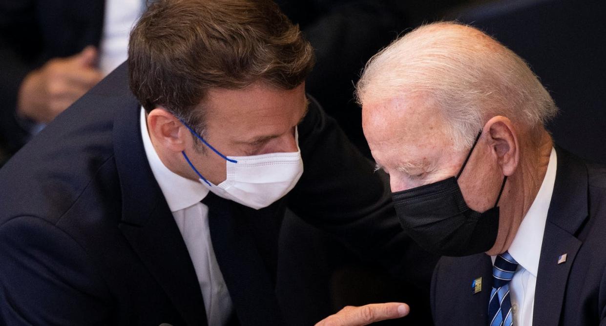 <span class="caption">French President <span class="caas-xray-inline-tooltip"><span class="caas-xray-inline caas-xray-entity caas-xray-pill rapid-nonanchor-lt" data-entity-id="Emmanuel_Macron" data-ylk="cid:Emmanuel_Macron;pos:1;elmt:wiki;sec:pill-inline-entity;elm:pill-inline-text;itc:1;cat:OfficeHolder;" tabindex="0" aria-haspopup="dialog"><a href="https://search.yahoo.com/search?p=Emmanuel%20Macron" data-i13n="cid:Emmanuel_Macron;pos:1;elmt:wiki;sec:pill-inline-entity;elm:pill-inline-text;itc:1;cat:OfficeHolder;" tabindex="-1" data-ylk="slk:Emmanuel Macron;cid:Emmanuel_Macron;pos:1;elmt:wiki;sec:pill-inline-entity;elm:pill-inline-text;itc:1;cat:OfficeHolder;" class="link ">Emmanuel Macron</a></span></span> talks to U.S. <span class="caas-xray-inline-tooltip"><span class="caas-xray-inline caas-xray-entity caas-xray-pill rapid-nonanchor-lt" data-entity-id="Joe_Biden" data-ylk="cid:Joe_Biden;pos:2;elmt:wiki;sec:pill-inline-entity;elm:pill-inline-text;itc:1;cat:OfficeHolder;" tabindex="0" aria-haspopup="dialog"><a href="https://search.yahoo.com/search?p=Joe%20Biden" data-i13n="cid:Joe_Biden;pos:2;elmt:wiki;sec:pill-inline-entity;elm:pill-inline-text;itc:1;cat:OfficeHolder;" tabindex="-1" data-ylk="slk:President Joe Biden;cid:Joe_Biden;pos:2;elmt:wiki;sec:pill-inline-entity;elm:pill-inline-text;itc:1;cat:OfficeHolder;" class="link ">President Joe Biden</a></span></span> at the North Atlantic Treaty Organization headquarters in Brussels on June 14, 2021.</span> <span class="attribution"><a class="link " href="https://www.gettyimages.com/detail/news-photo/frances-president-emmanuel-macron-talks-to-us-president-joe-news-photo/1233447127?adppopup=true" rel="nofollow noopener" target="_blank" data-ylk="slk:BRENDAN SMIALOWSKI/POOL/AFP via Getty Images;elm:context_link;itc:0;sec:content-canvas">BRENDAN SMIALOWSKI/POOL/AFP via Getty Images</a></span>