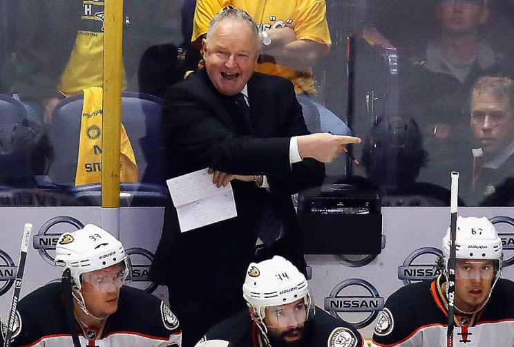 NASHVILLE, TN – MAY 16: Head coach Randy Carlyle of the Anaheim Ducks reacts during the second period in Game Three of the Western Conference Final against the Nashville Predators during the 2017 Stanley Cup Playoffs at Bridgestone Arena on May 16, 2017 in Nashville, Tennessee. (Photo by Bruce Bennett/Getty Images)