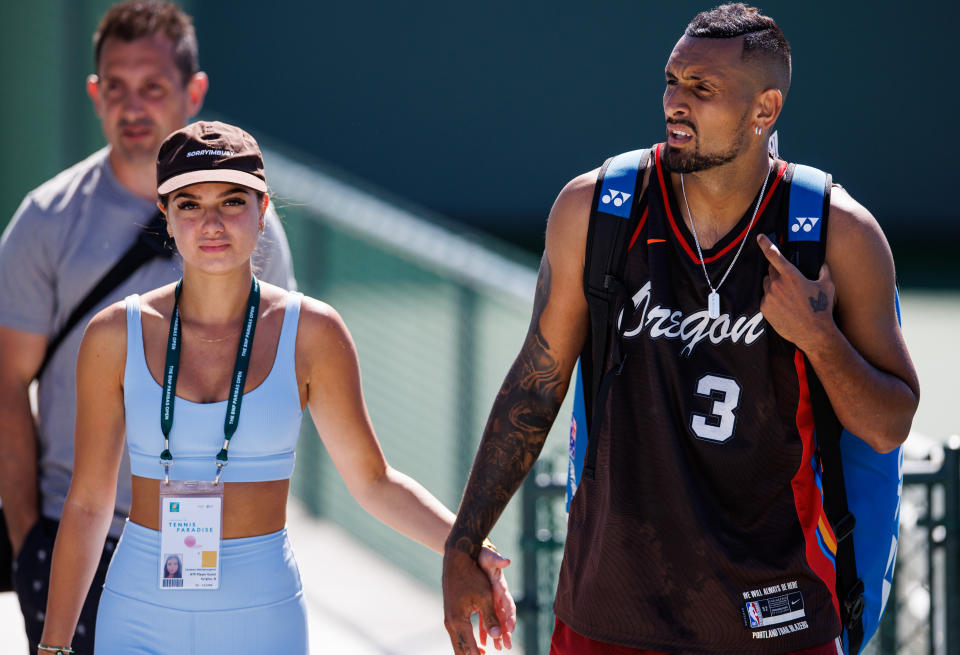 Nick Kyrgios and girlfriend Costeen Hatzi, pictured here at Indian Wells in California.