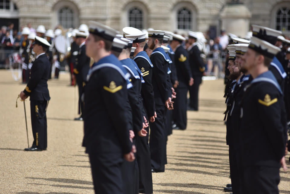 LONDON, ENGLAND - AUGUST 07: Crew members from HMS Westminster stand on parade at Horse Guards Parade as they exercise their "Freedom of the City" on August 07, 2019 in London, England. The historic privilege allows certain military units to parade through London, led by a band, with bayonets fixed to their rifles. This showed a high degree of trust at the time and is the highest honour a city can bestow upon a unit. Royal Navy frigate HMS Westminster is visiting the city before returning to Portsmouth after taking part in the NATO training exercise, "Exercise Baltic Protector".  (Photo by John Keeble/Getty Images)