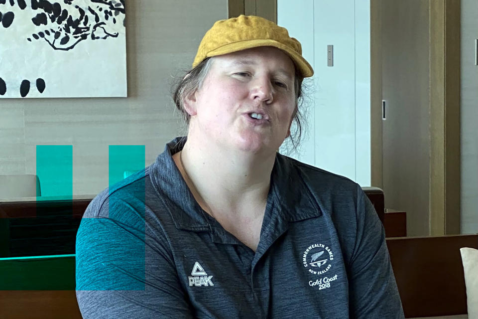 Laurel Hubbard talks during an interview at the 2020 Summer Olympics, Tuesday, Aug. 3, 2021, in Tokyo, Japan. The transgender weightlifter made her mark by competing in the women’s weightlifting at the Games but couldn’t complete a lift. (AP Photo/Dorothee Thiesing)