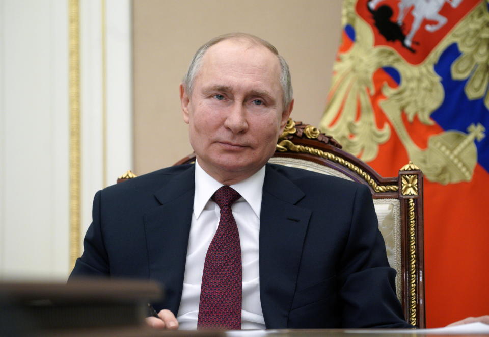 Russian President Vladimir Putin takes part in a meeting with community representatives and residents of Crimea and Sevastopol via a video link in Moscow, Russia, March 18, 2021. / Credit: Sputnik/Alexei Druzhinin/Kremlin via REUTERS